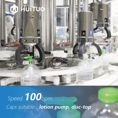 La máquina que capsula 10 del servo de la botella del ANIMAL DOMÉSTICO va al desinfectante del lavado a mano